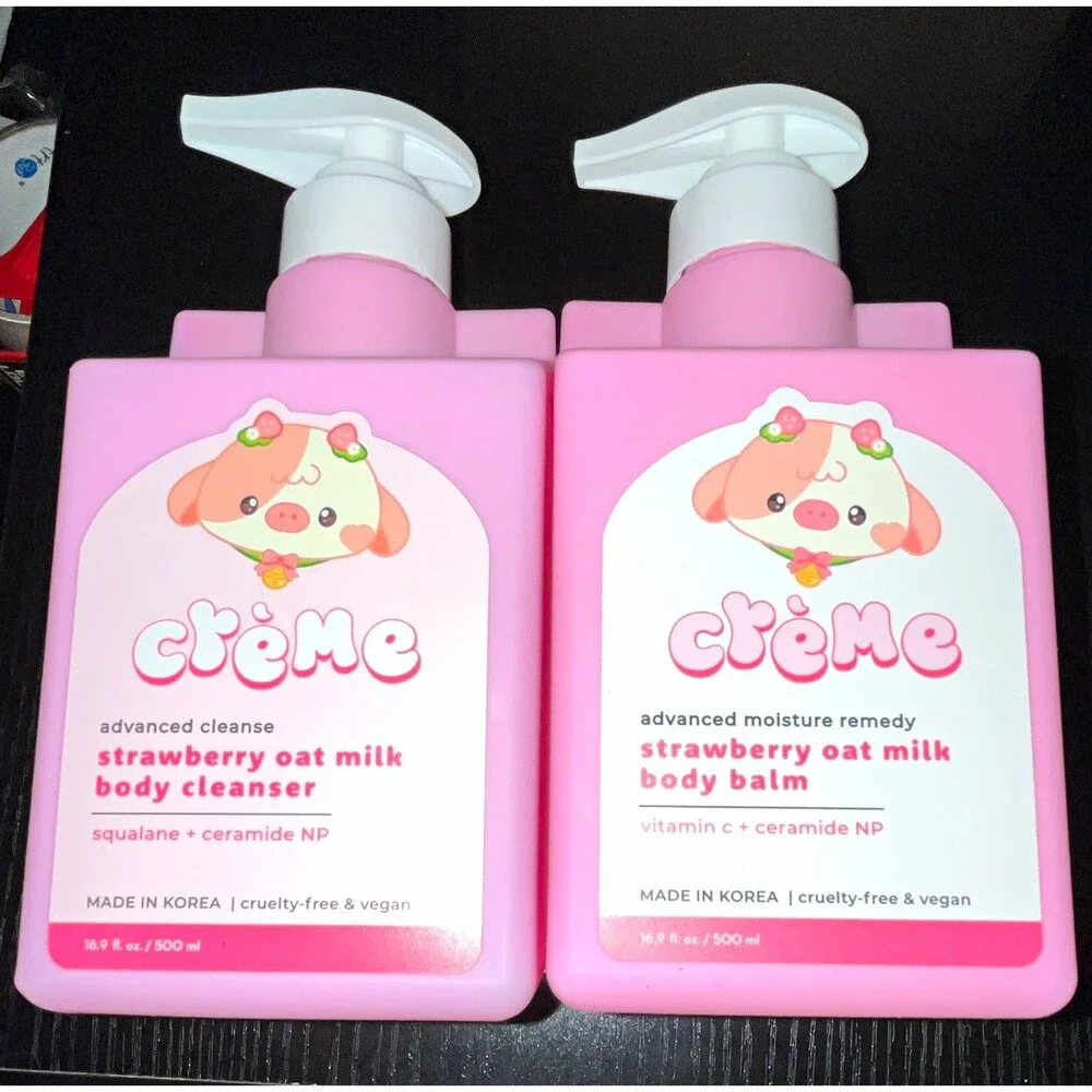 The Crème Shop Strawberry Oat Milk Body Balm 16.9 fl oz and body cleanser 16.9oz
